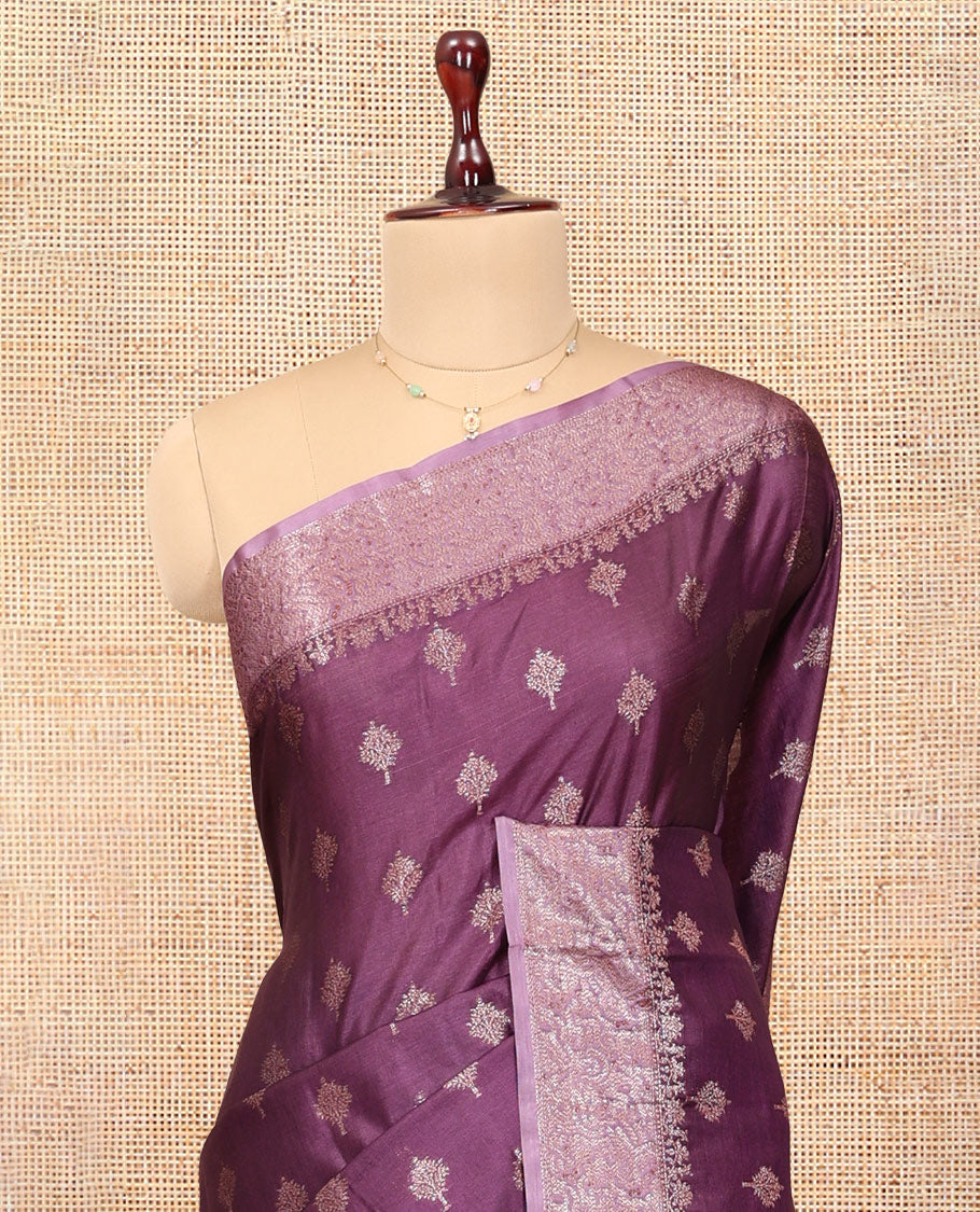 Dark Purple Tussar Silk Saree, Elevated with Zari Buttas, a Contrast Zari Border, Grand Pallu, and a Contrast Blouse