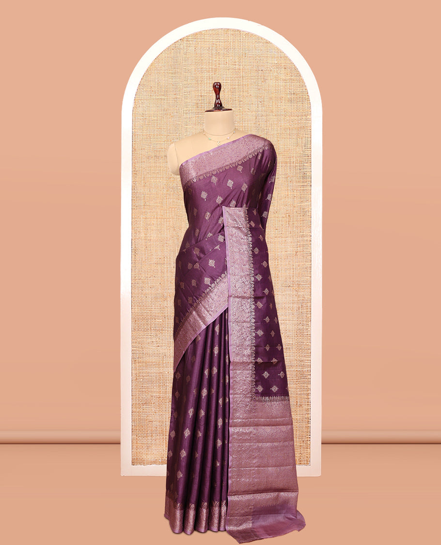 Dark Purple Tussar Silk Saree, Elevated with Zari Buttas, a Contrast Zari Border, Grand Pallu, and a Contrast Blouse