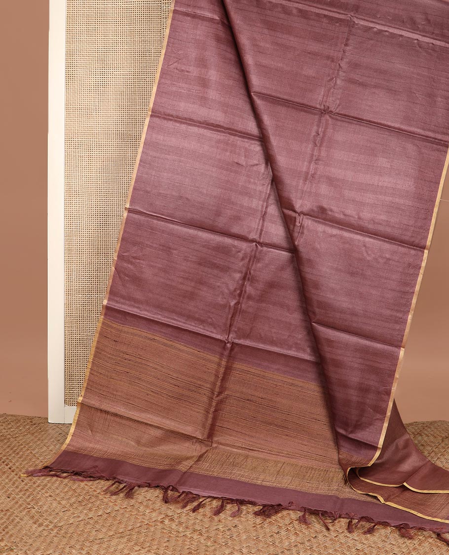 Borderless chocolate brown sparsely striped tussar silk saree, striped pallu