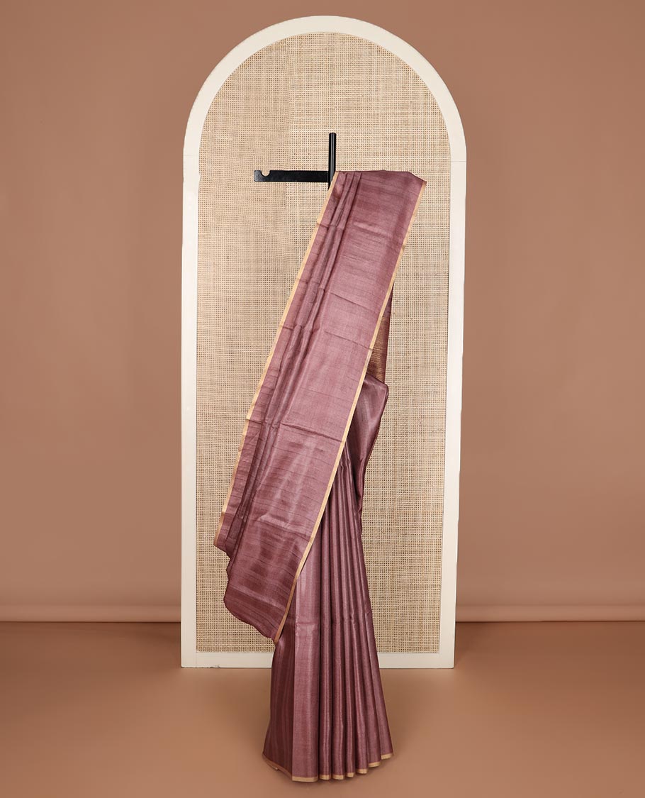 Borderless chocolate brown sparsely striped tussar silk saree, striped pallu