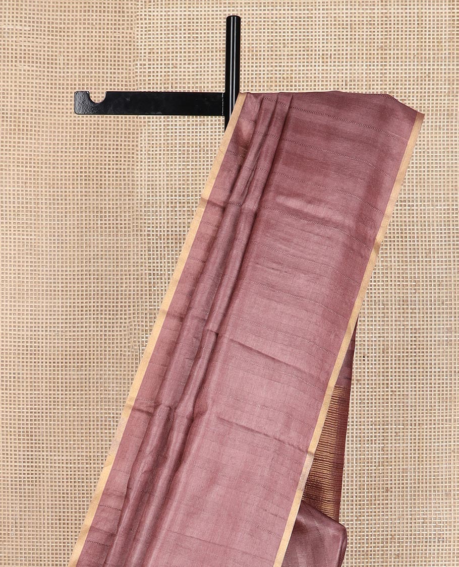 Borderless chocolate brown sparsely striped tussar silk saree, striped pallu