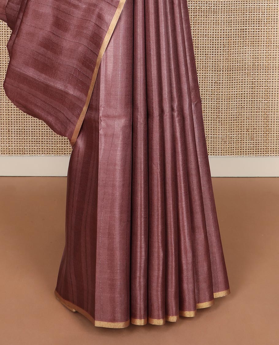 Borderless chocolate brown sparsely striped tussar silk saree, striped pallu