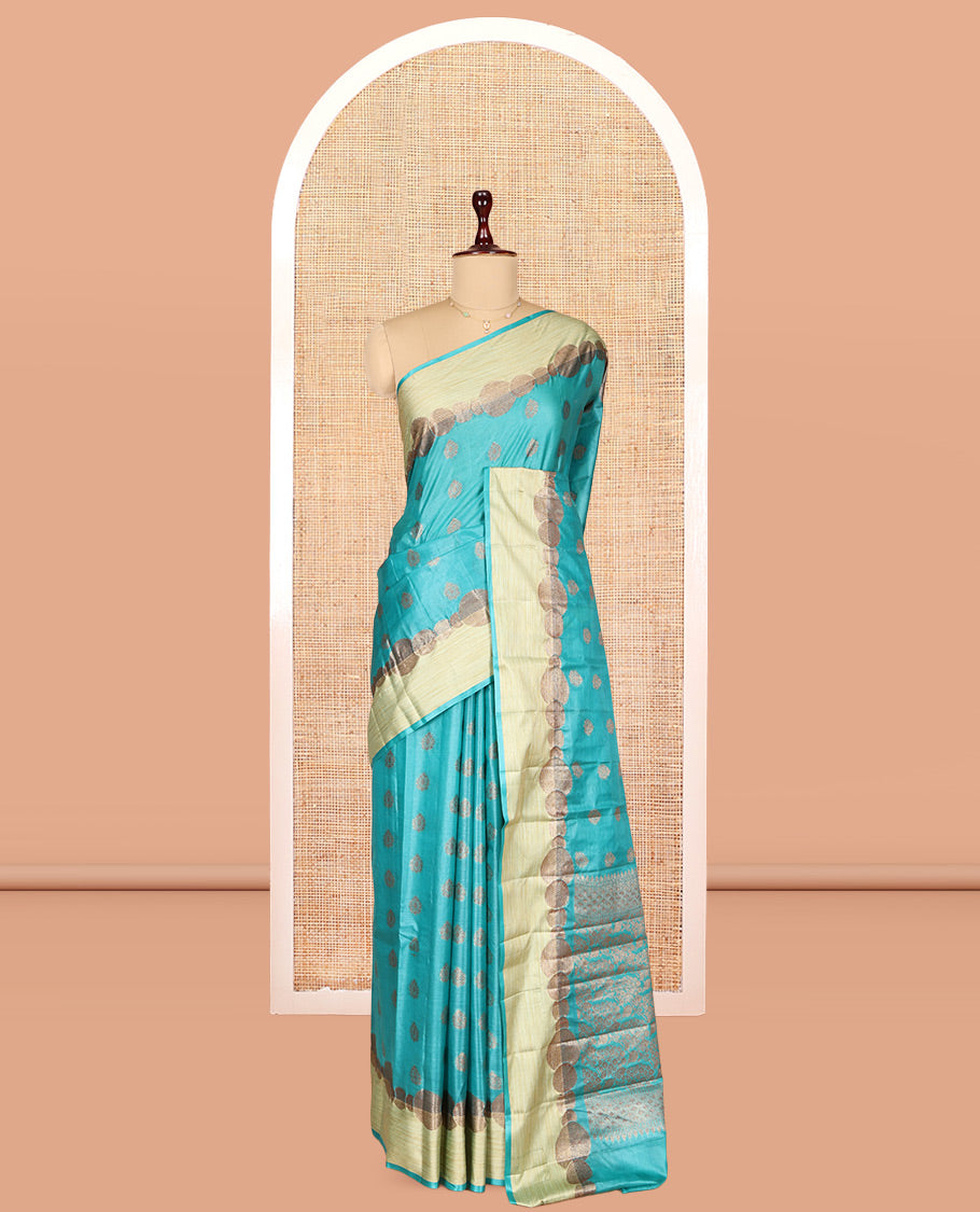 Blue Tusser Silk Saree, Ornamented with Zari Buttas, a Contrast Zari Border, Grandly Decked Up Pallu, and a Matching Blouse