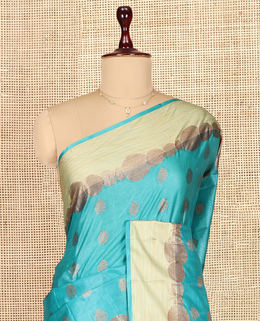Blue Tusser Silk Saree, Ornamented with Zari Buttas, a Contrast Zari Border, Grandly Decked Up Pallu, and a Matching Blouse