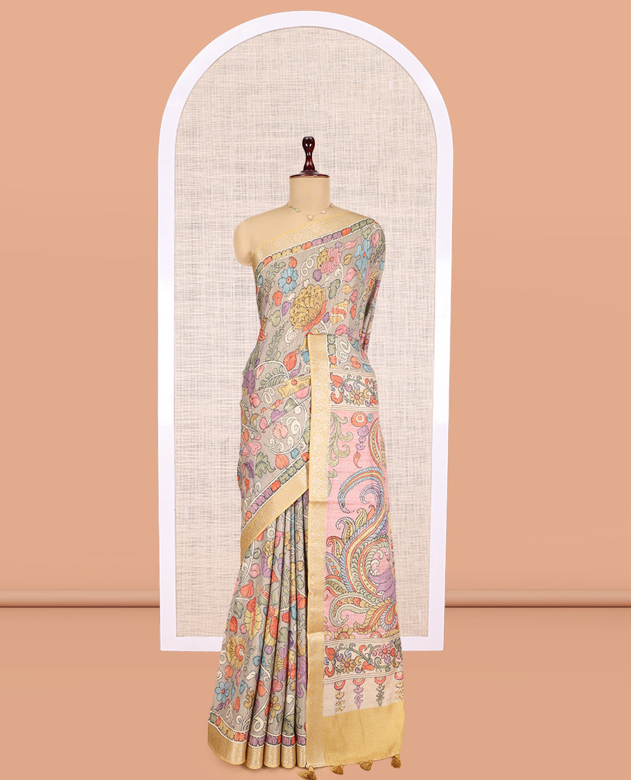 Grey Kalamkari Printed Fancy Tussar Saree