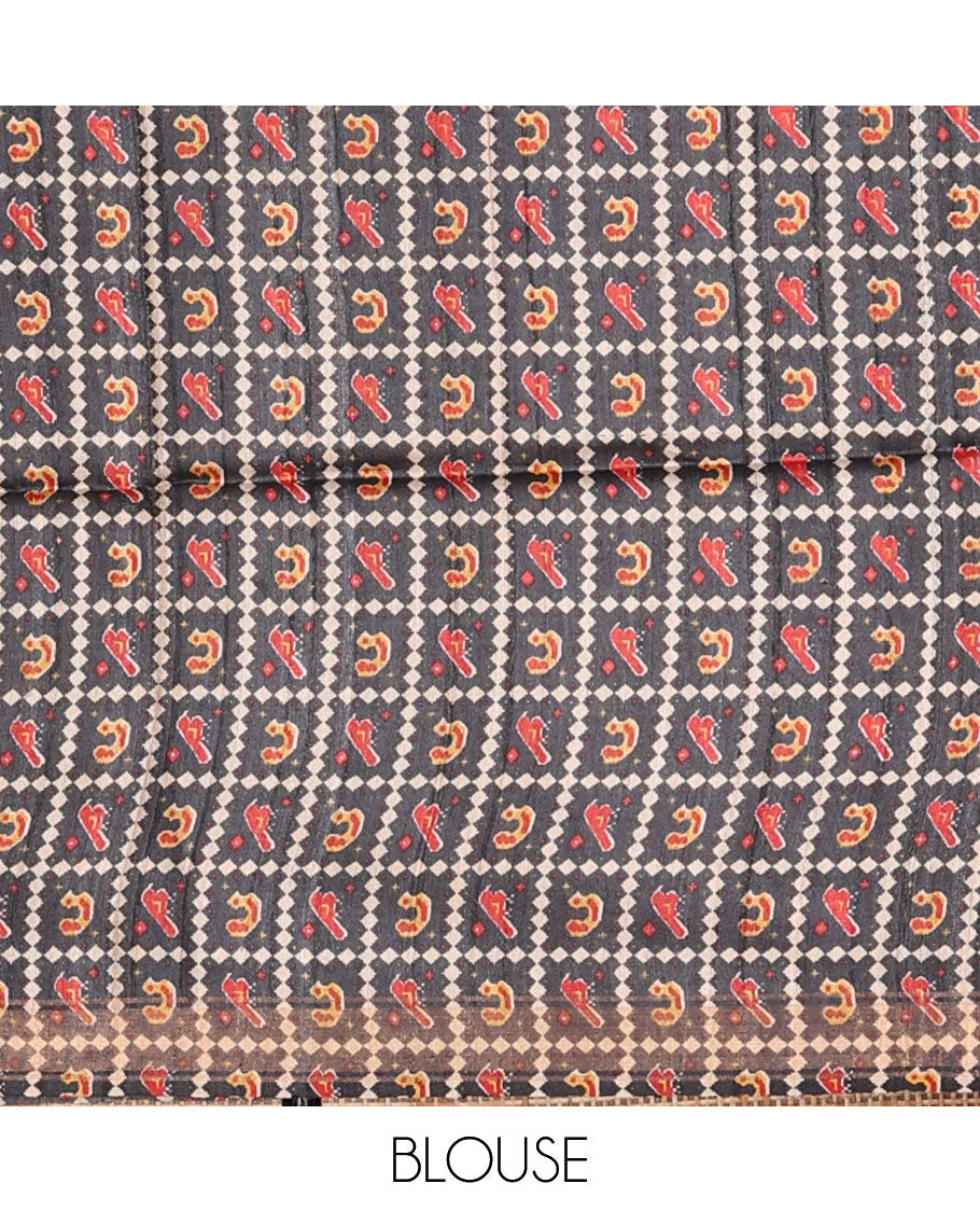 Sandal plain design tussar saree, zari border & contrast pallu adorned with patola-style elephant motifs print