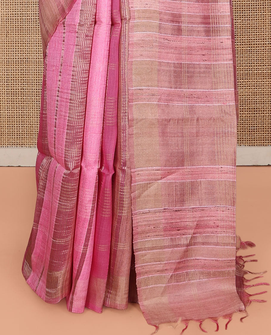 Borderless Pink Checked Tussar Silk Saree, a Self-Pallu, and a Matching Blouse