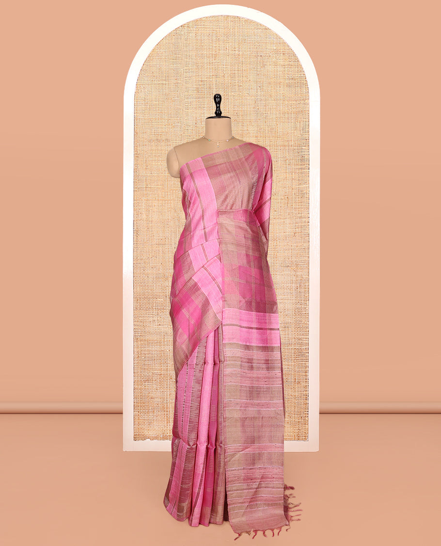 Borderless Pink Checked Tussar Silk Saree, a Self-Pallu, and a Matching Blouse