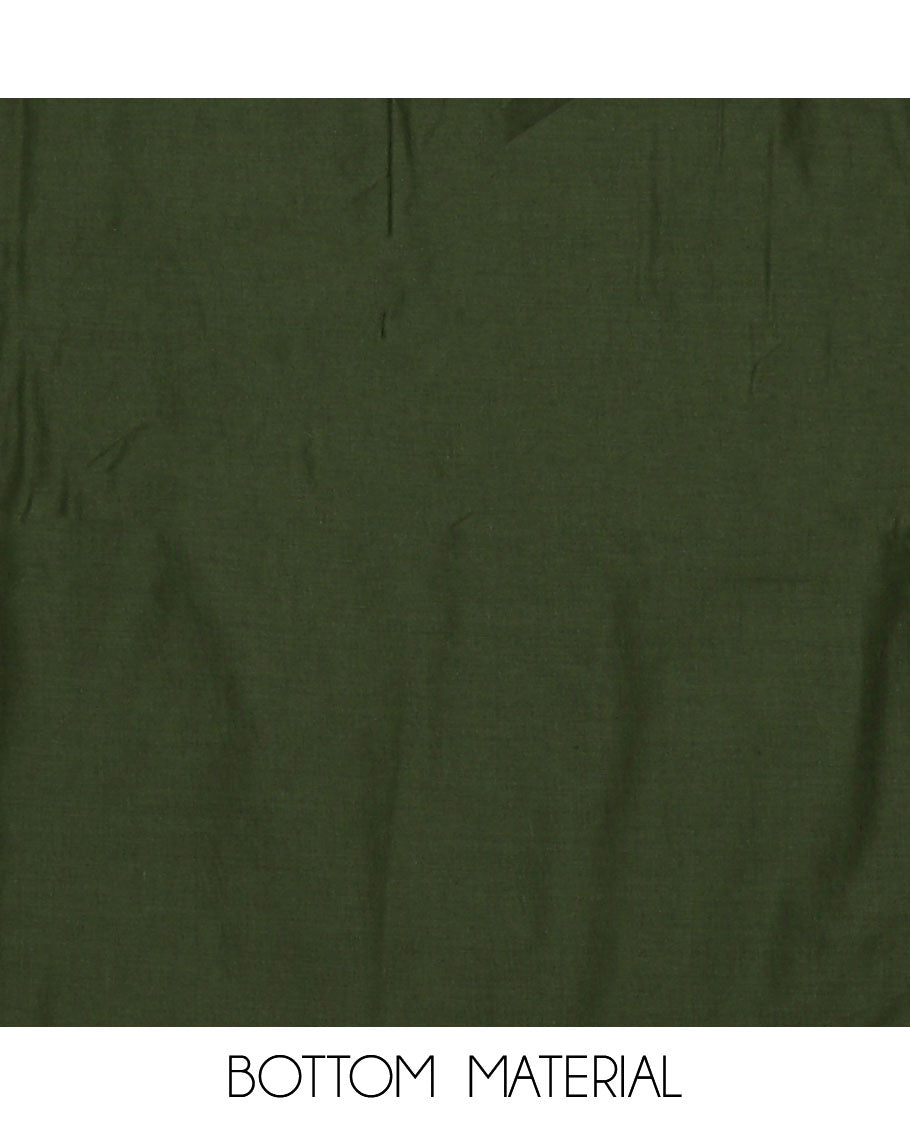 Green material chudidar set, intricately paisleys printed and neck work top, plain bottom and sequins striped dupatta