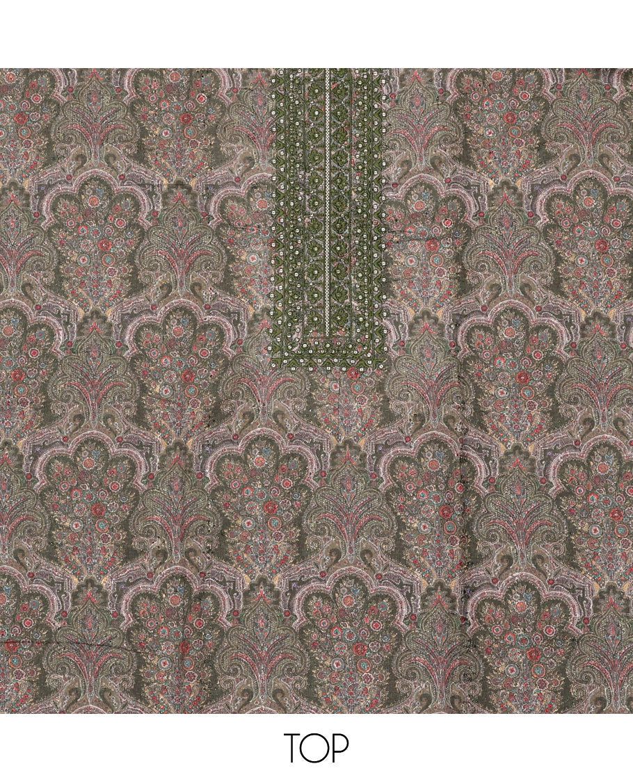 Green material chudidar set, intricately paisleys printed and neck work top, plain bottom and sequins striped dupatta