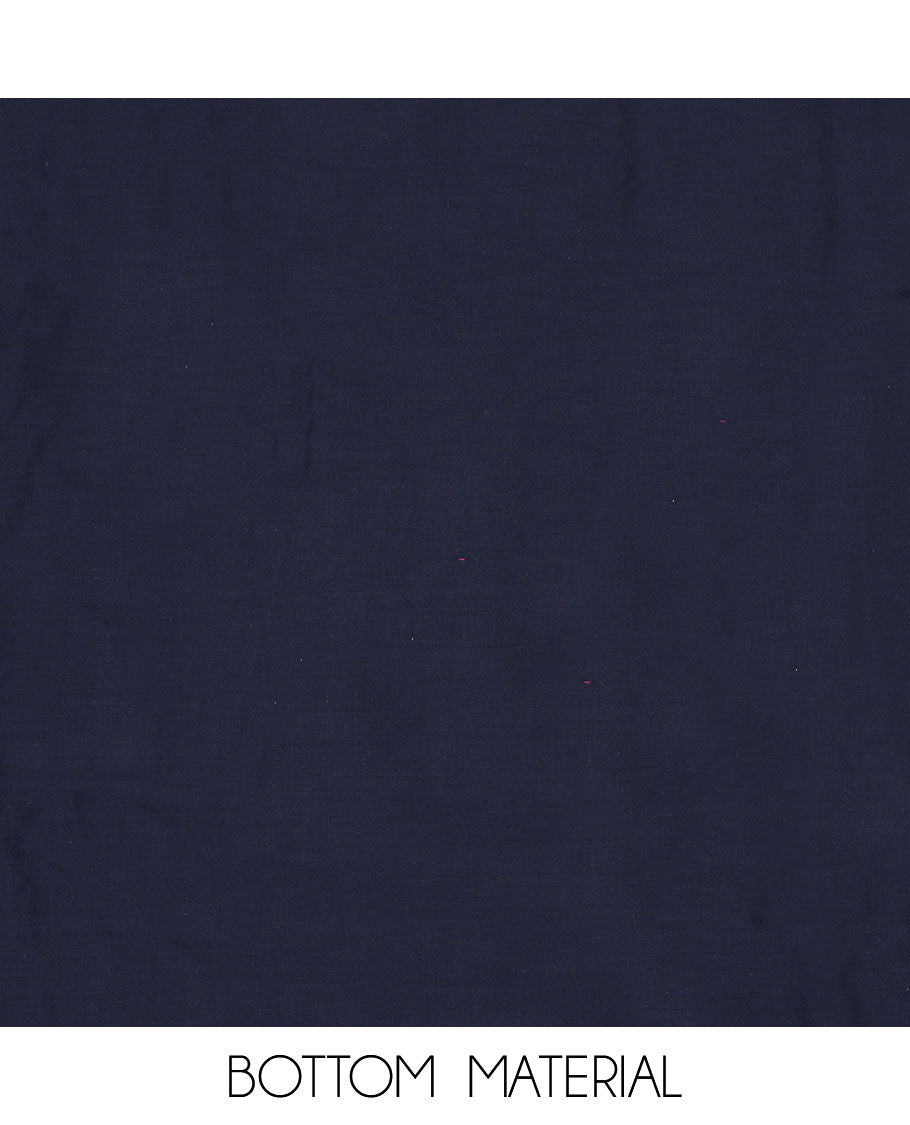 Blue material churidar set, chevron printed and embroidered top, plain bottom, and a embroidered motifs dupatta