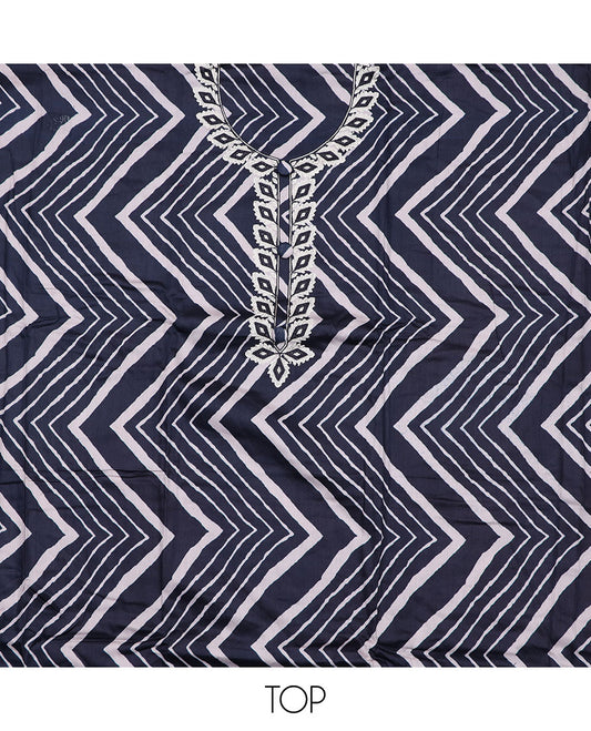 Blue material churidar set, chevron printed and embroidered top, plain bottom, and a embroidered motifs dupatta