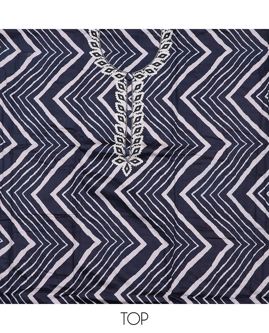 Blue material churidar set, chevron printed and embroidered top, plain bottom, and a embroidered motifs dupatta