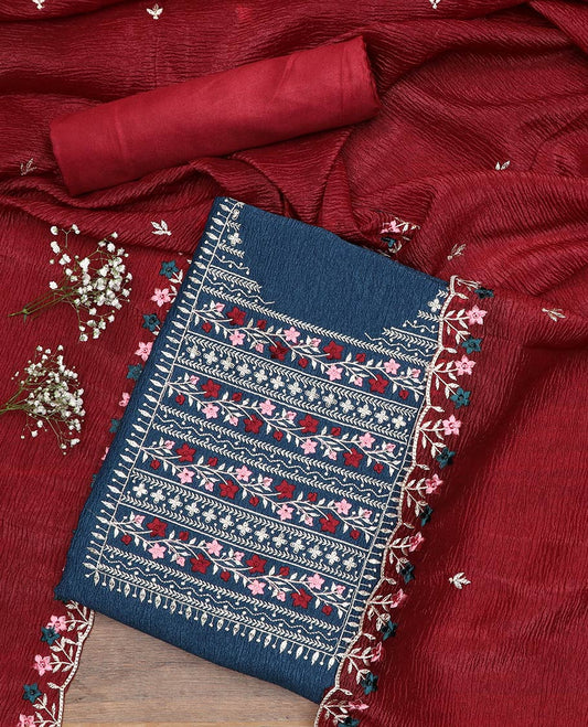 Blue material chudidar set, neck embroidered top, contrast plain bottom and crushed dupatta of thread floral embroidery