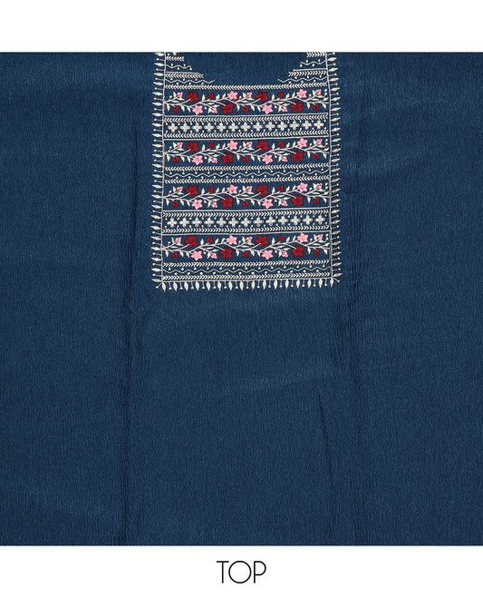 Blue material chudidar set, neck embroidered top, contrast plain bottom and crushed dupatta of thread floral embroidery