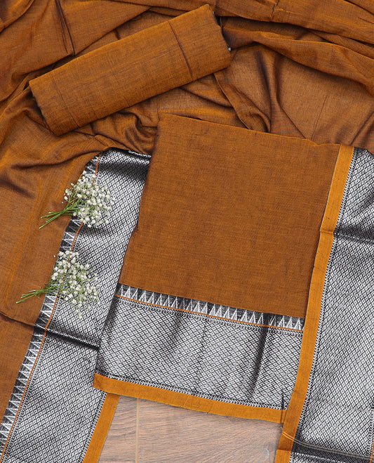 Brown checked, temple design chudidhar material top with plain bottom & plain, zari design border dupatta