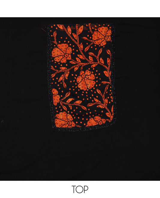 Black material chudidar set, orange floral vine print with black micro stone neck work top, plain bottom and floral vine printed dupatta