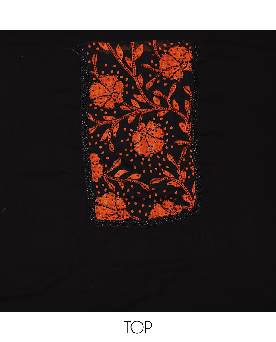 Black material chudidar set, orange floral vine print with black micro stone neck work top, plain bottom and floral vine printed dupatta