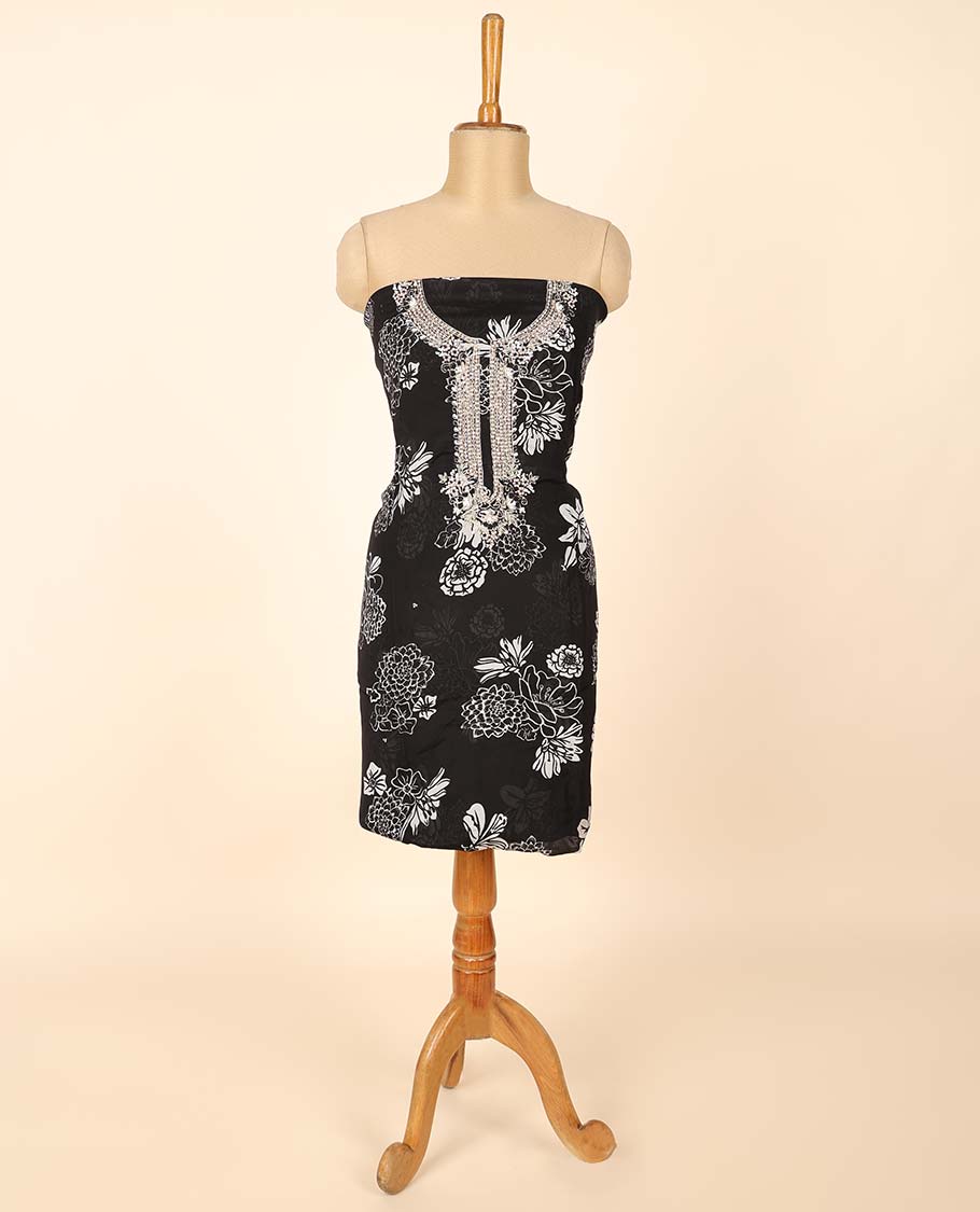 Black material chudidhar set, floral print & embroidered top, plain bottom & embroidered dupatta