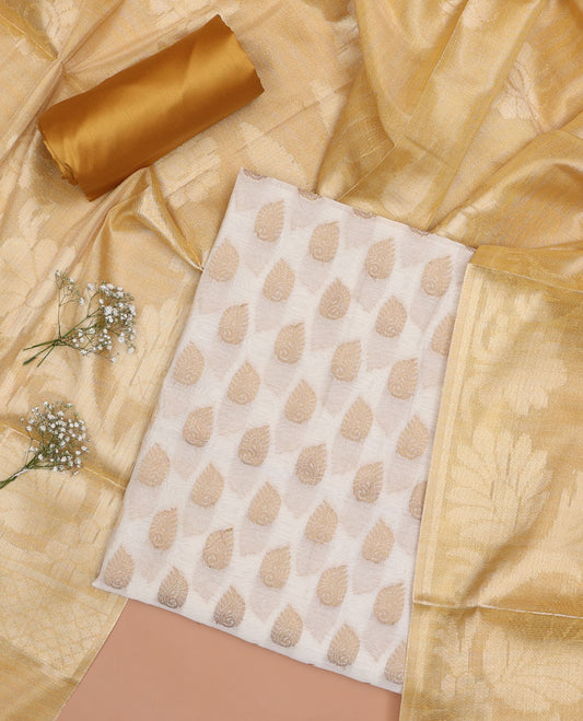 Cream chudidhar material set, foral motifs top , brown plain bottom & floral zari design dupatta