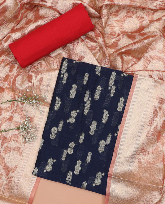 Blue chududhar material set , floral motifs top, orange plain bottom & floral vine zari design dupatta