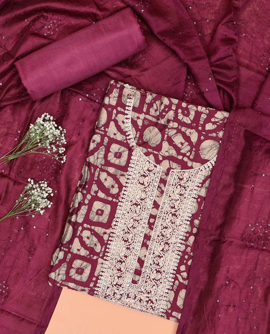 Violet chudidhar material set floral thread embroidered top with plain bottom & sequins embroidered dupatta