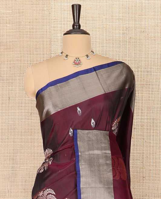 Maroon Semi Uppada Saree Elegantly Framed with Zari Buttas, Complemented by a Contrasting Border, Pallu Featuring Intricate Zari Designs, and Paired with a Contrast Blouse