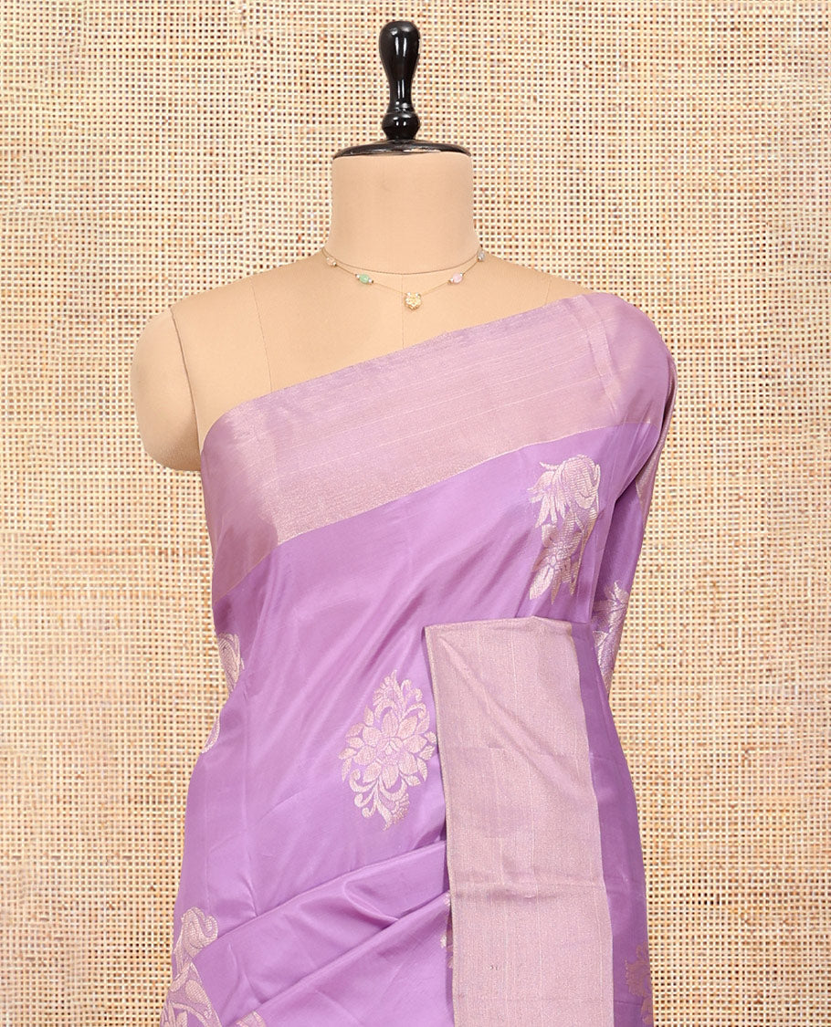 Lavender Uppada Saree, Decorated with Floral Buttas, a Bavanji Border, Contrast Intricate Pallu, and a Contrast Blouse