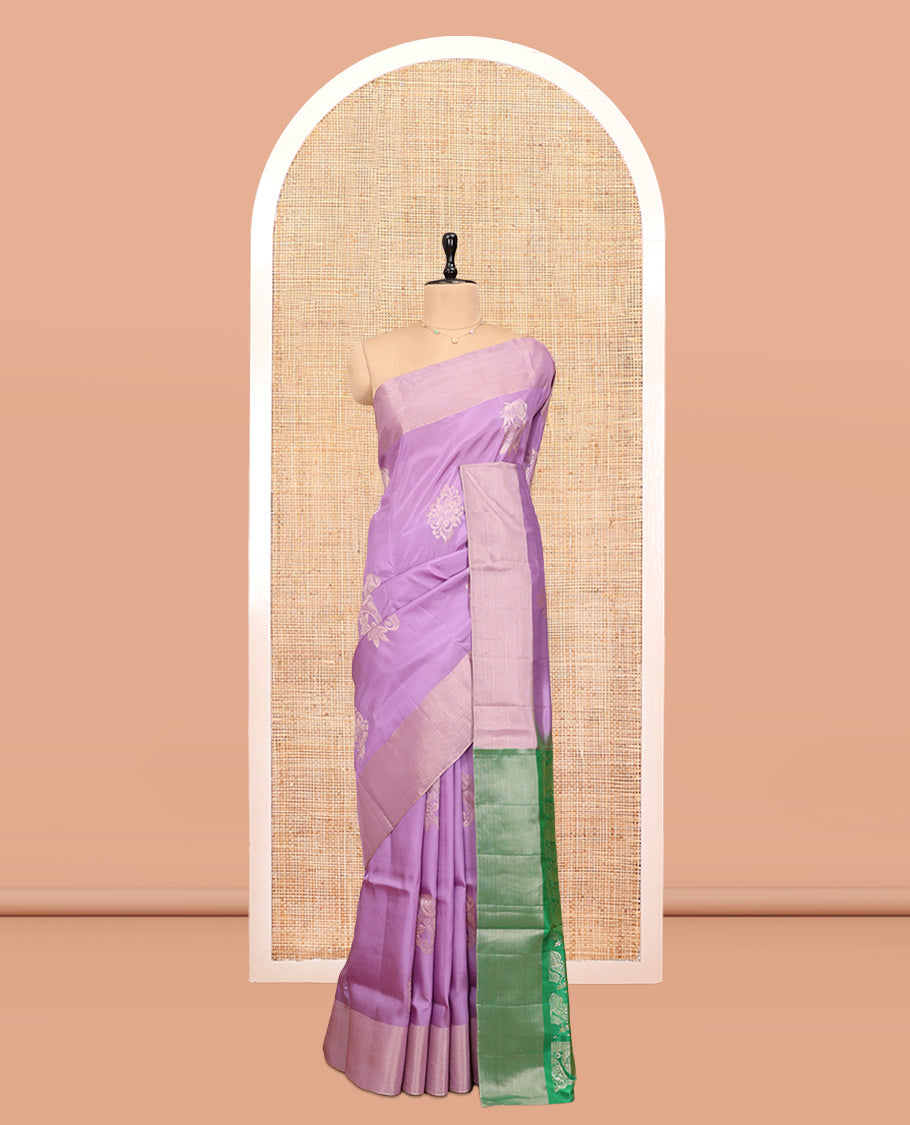 Lavender Uppada Saree, Decorated with Floral Buttas, a Bavanji Border, Contrast Intricate Pallu, and a Contrast Blouse