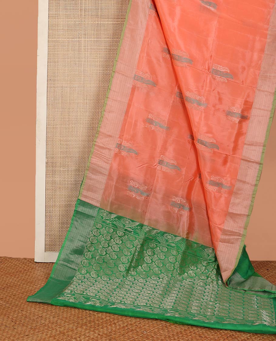 Orange zari buttas Uppada saree, contrast bavanji border, and paisley pallu