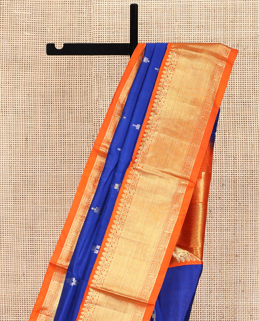 Blue Venkatagiri Silk Saree, Bedecked with Zari Buttas All Over Its Body, Complemented by a Contrast Traditional Zari Design Border, Gleaming Zari Striped Pallu, and Paired with a Contrast Blouse