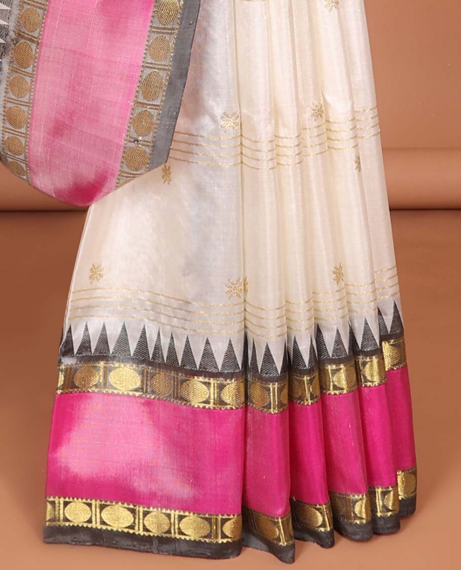 Cream striped zari design vengatagiri pure silk saree , contrast traditional border & zari jaal design pallu
