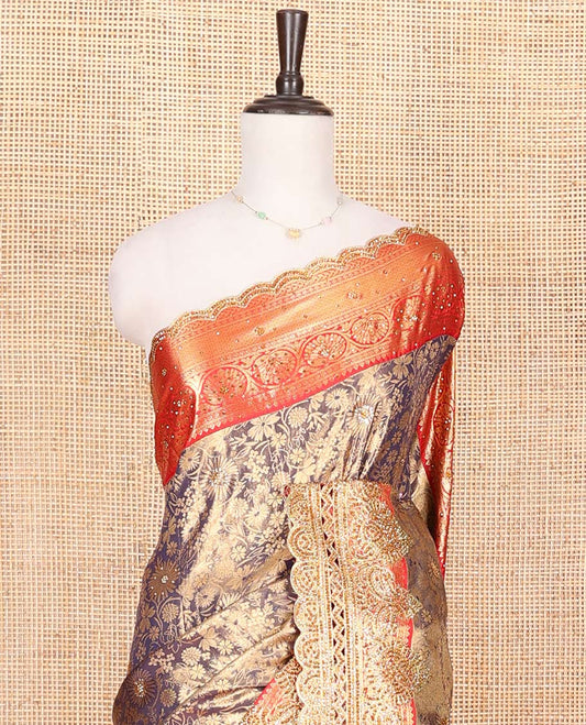 Grey Vastrakala Silk Saree, Enriched with Floral Jacquard and Stone Work, Complemented by Contrast Traditional Zari and Cut Embroidered Scallop Border, Grand Floral Jaal Zari-Stone Work Pallu, and Paired with Contrast Heavy Embroidered Blouse
