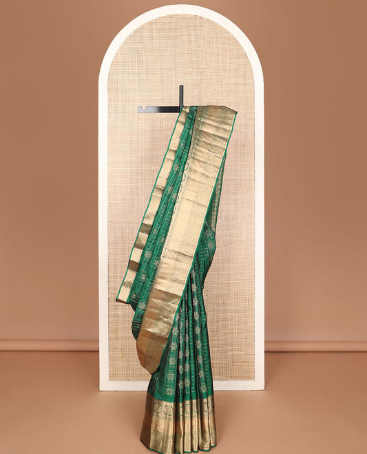 Green zari design vasundhara elite silk saree, zari border of temple, kathir, poo chakram, diamond & paiyadi kann design & jaal design pallu