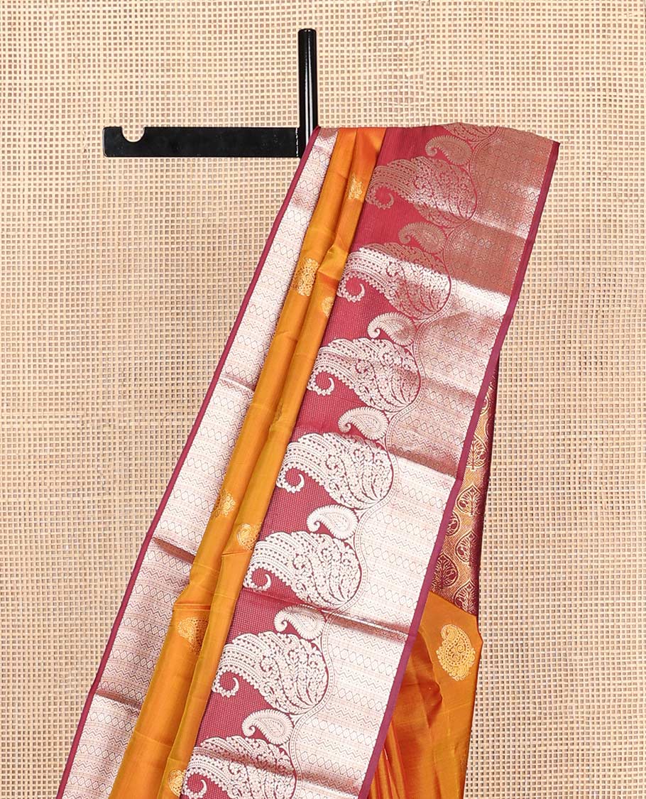 Orange manga buttas Vasundhara silk mix saree, contrast manga butta & geometric patterns border & pallu of spade designs