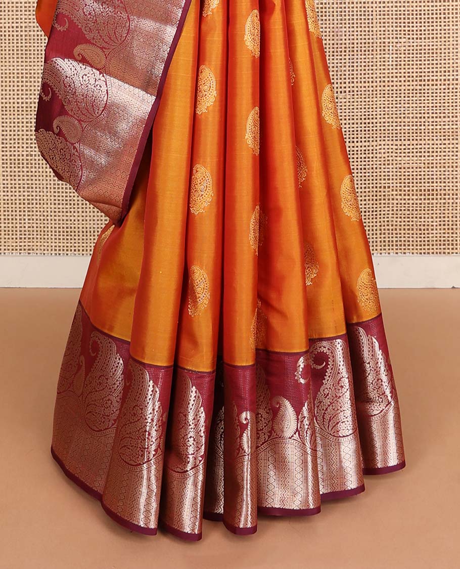 Orange manga buttas Vasundhara silk mix saree, contrast manga butta & geometric patterns border & pallu of spade designs