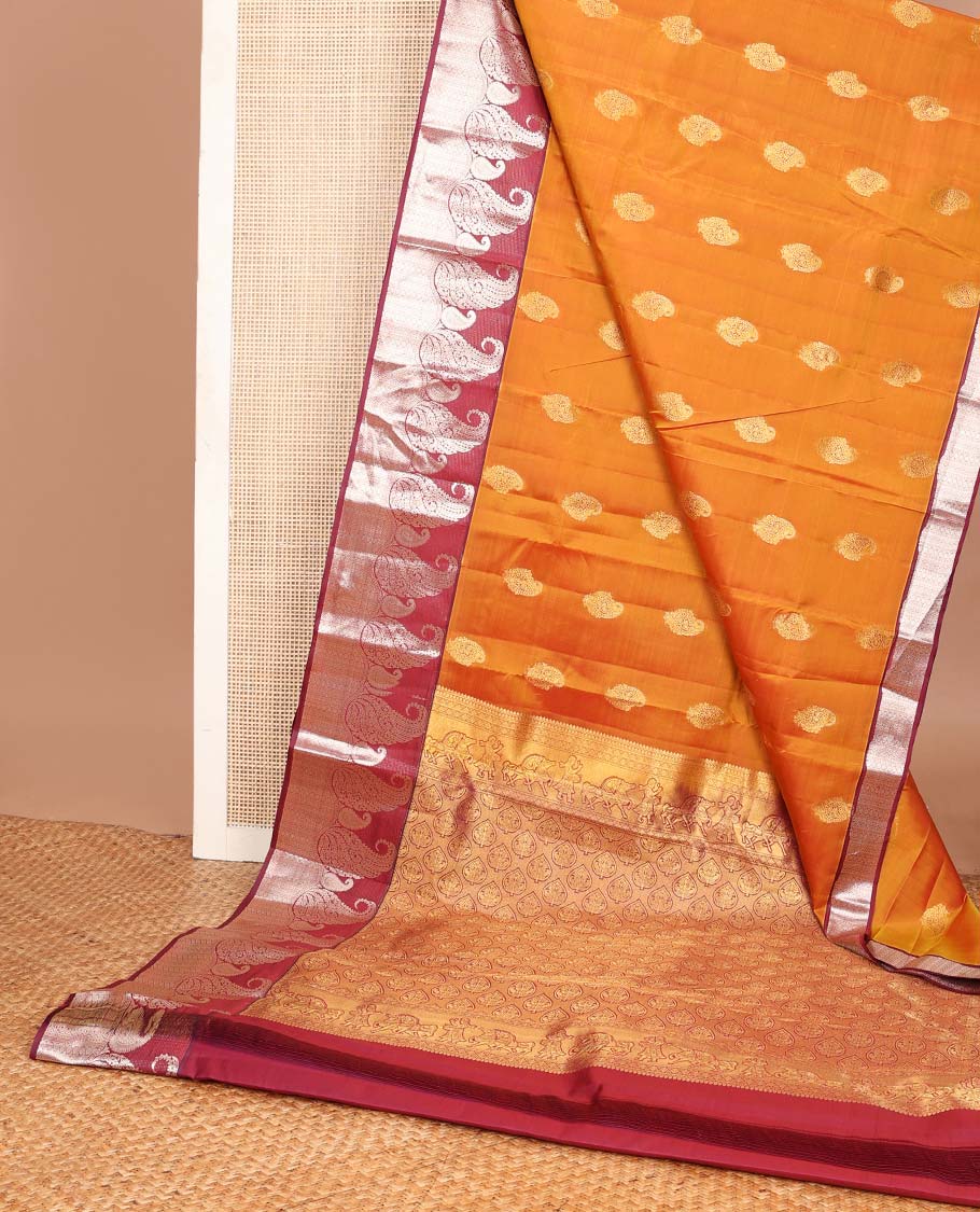 Orange manga buttas Vasundhara silk mix saree, contrast manga butta & geometric patterns border & pallu of spade designs