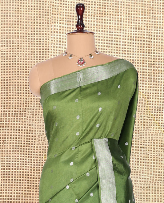 Green Banana Pith Saree, Adorned with Buttas, a Zari Border, Striped Pallu, and Matching Blouse