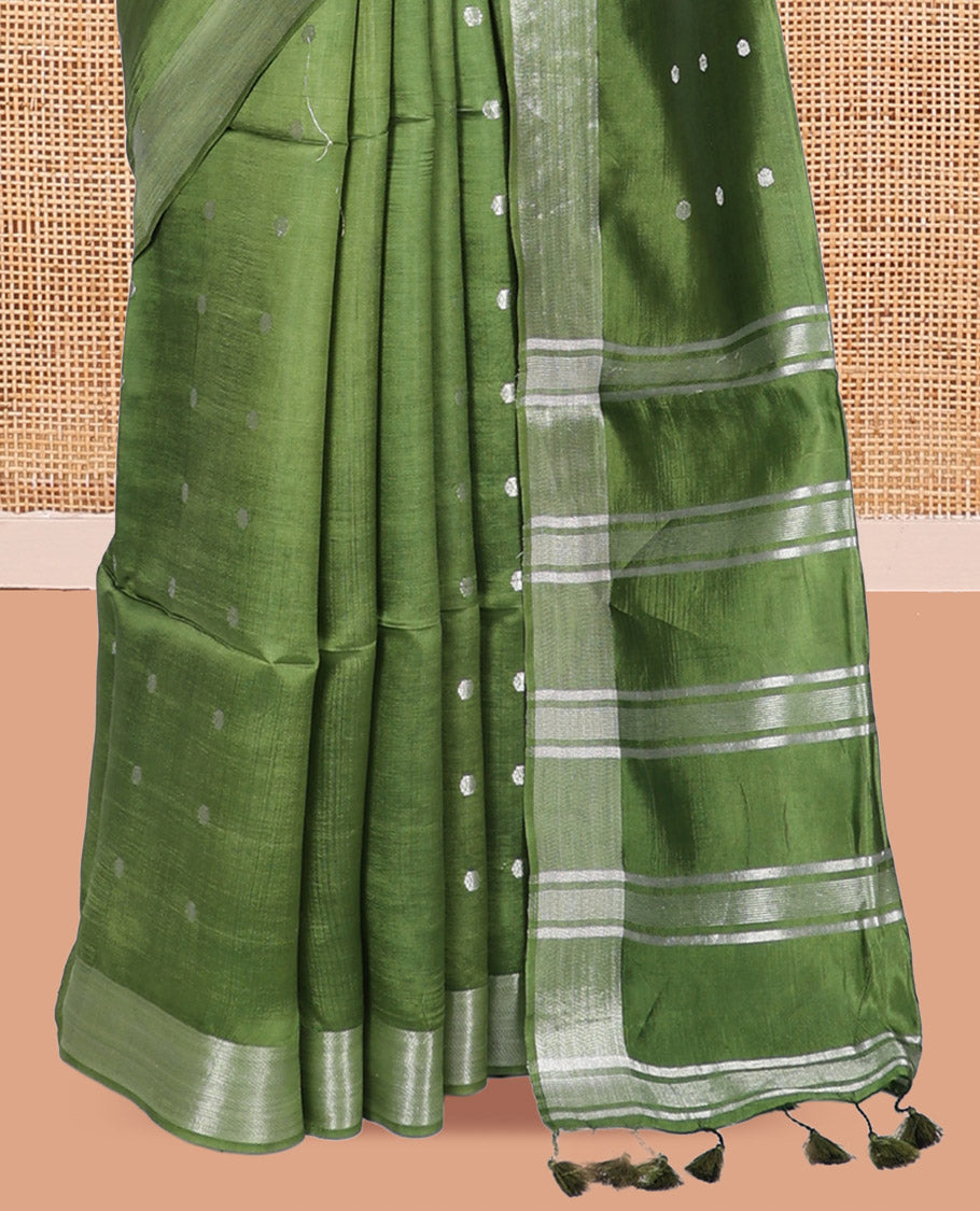 Green Banana Pith Saree, Adorned with Buttas, a Zari Border, Striped Pallu, and Matching Blouse