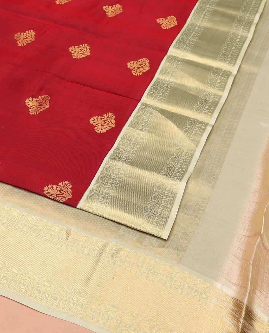 Red Vasundhara Lite-Silk Mix Saree, Elegantly Designed with Zari Buttas, Complemented by a Contrast Border of Salngai, Thilakam, and Paisa Designs, Sparsely Sparkled Pallu, and Paired with a Contrast Blouse