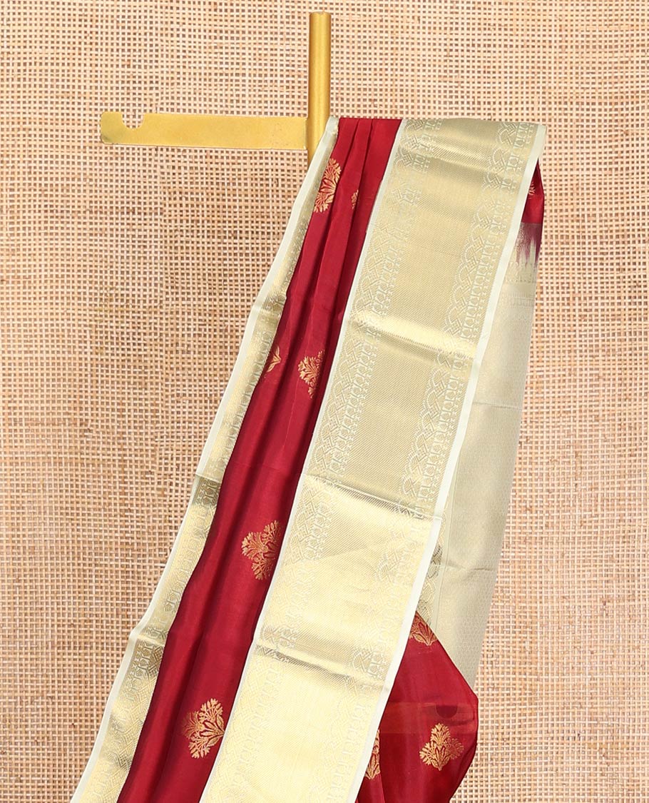 Red Vasundhara Lite-Silk Mix Saree, Elegantly Designed with Zari Buttas, Complemented by a Contrast Border of Salngai, Thilakam, and Paisa Designs, Sparsely Sparkled Pallu, and Paired with a Contrast Blouse