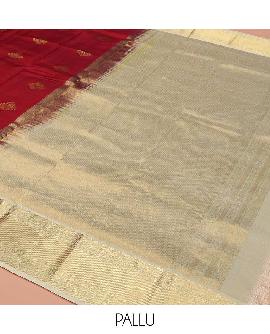 Red Vasundhara Lite-Silk Mix Saree, Elegantly Designed with Zari Buttas, Complemented by a Contrast Border of Salngai, Thilakam, and Paisa Designs, Sparsely Sparkled Pallu, and Paired with a Contrast Blouse