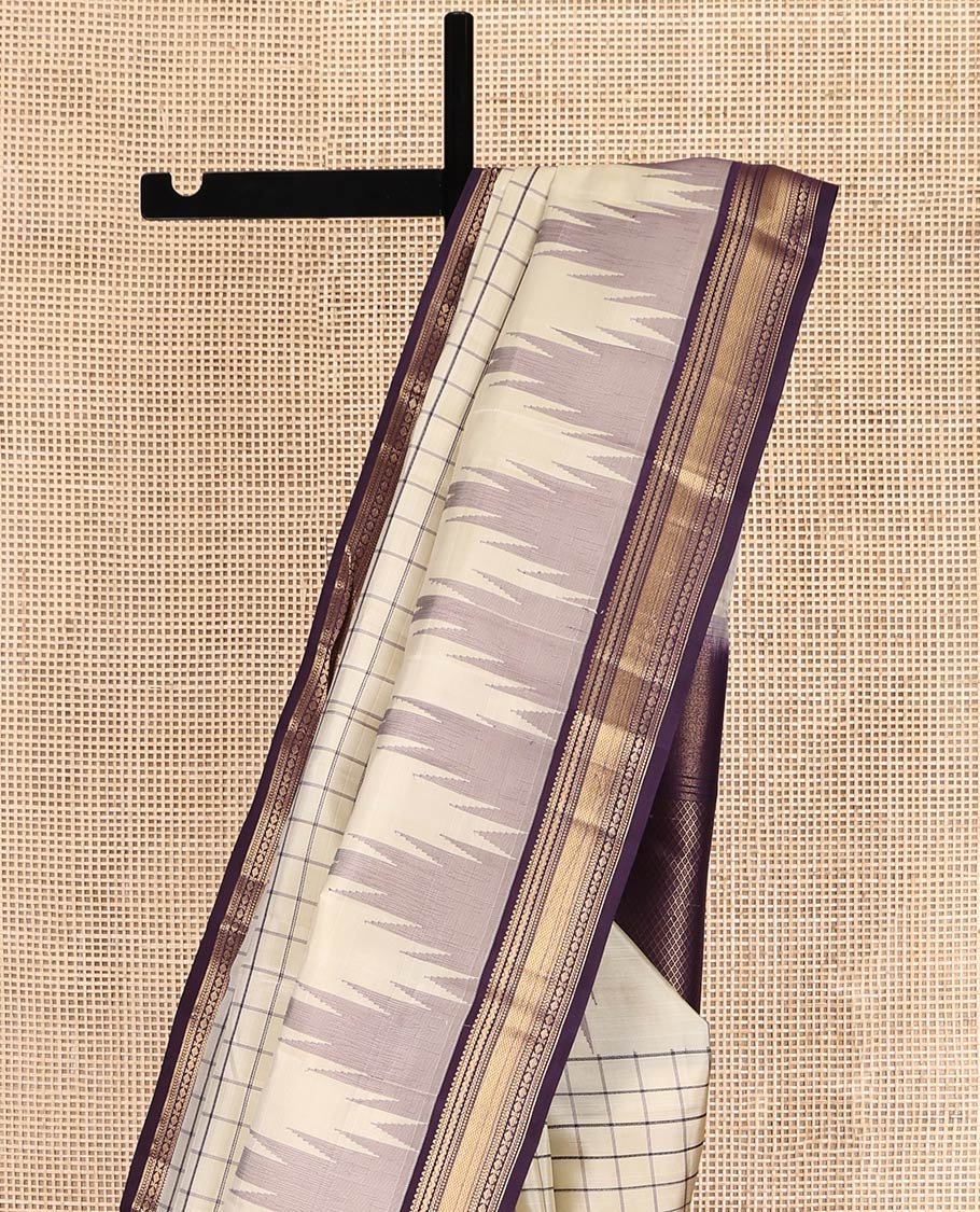 Cream Vasundhara Lite-Silk Mix Saree, Adorned with Checks, Complemented by a Contrast Temple Border of Rekku, Kathir, Neli, and Mayil Kann Designs, Temple Pallu, and a Contrast Blouse