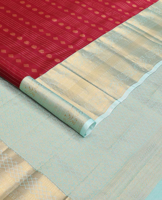 Red zari design Vasundhara silk mix saree, contrast traditional zari border of kodi visiry designs, and intricate pallu