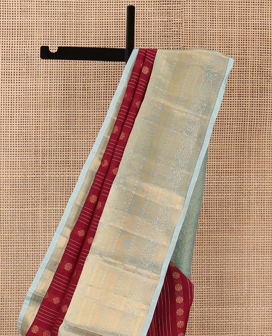 Red zari design Vasundhara silk mix saree, contrast traditional zari border of kodi visiry designs, and intricate pallu