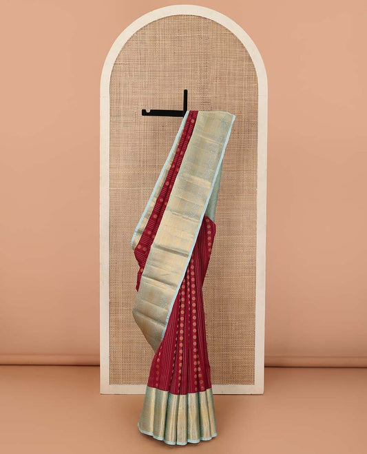 Red zari design Vasundhara silk mix saree, contrast traditional zari border of kodi visiry designs, and intricate pallu