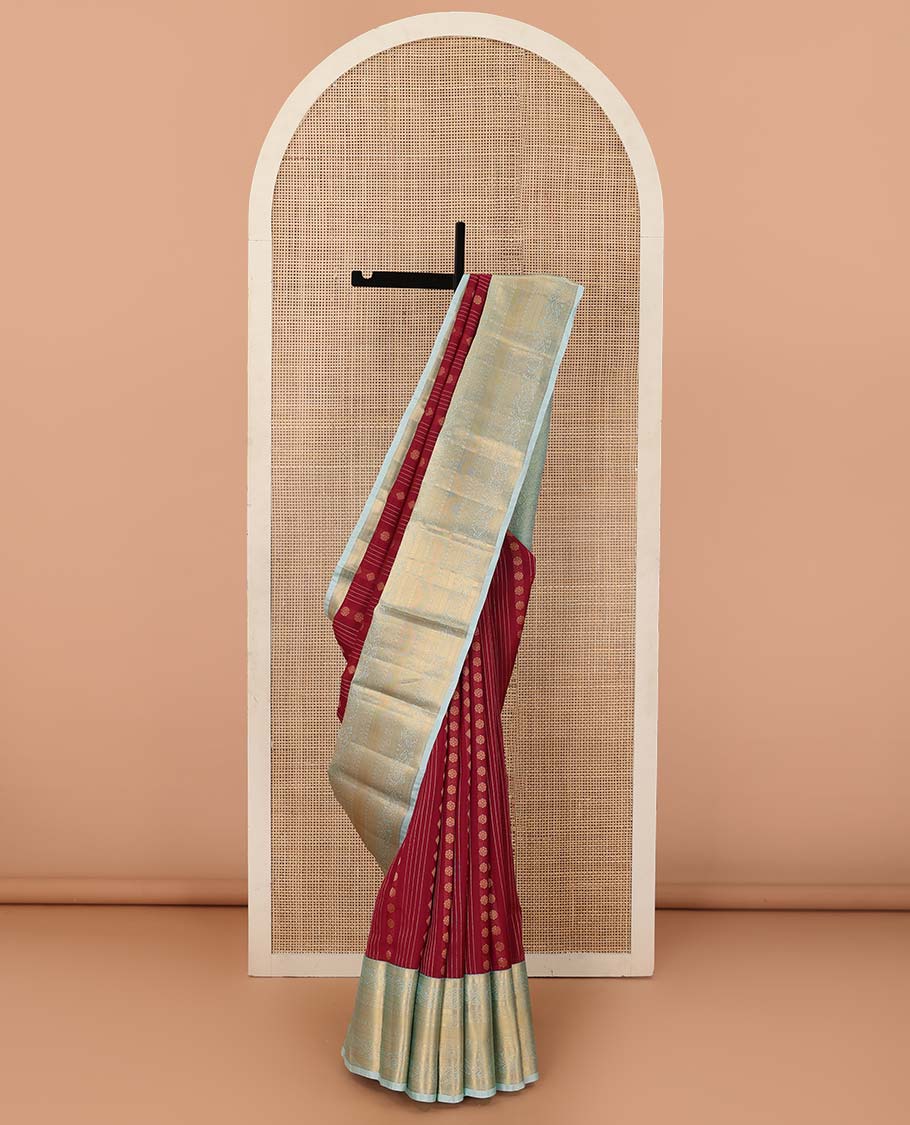 Red zari design Vasundhara silk mix saree, contrast traditional zari border of kodi visiry designs, and intricate pallu