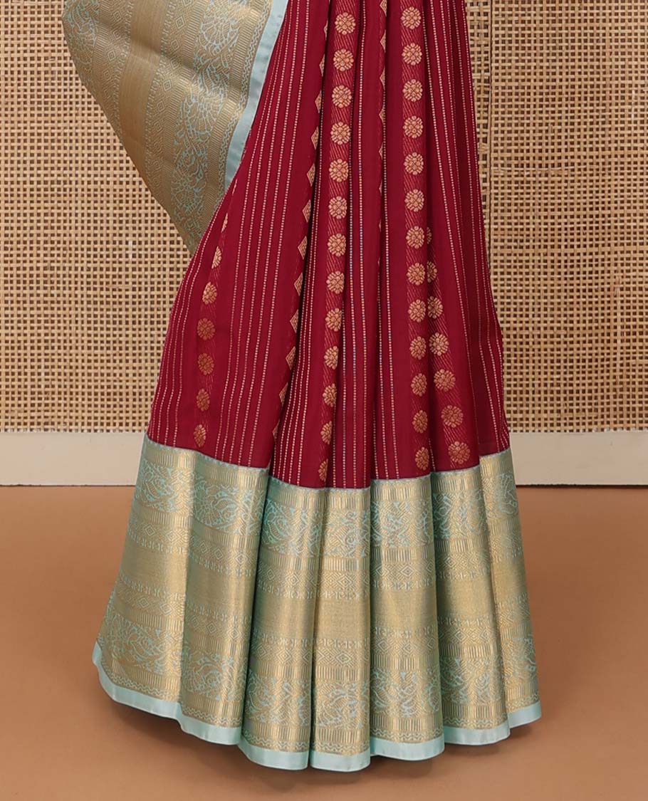Red zari design Vasundhara silk mix saree, contrast traditional zari border of kodi visiry designs, and intricate pallu
