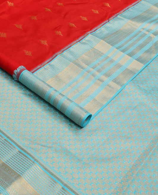 Red zari buttas Vasundhara silk mix saree, contrast border of traditional zari designs, and zari woven pallu