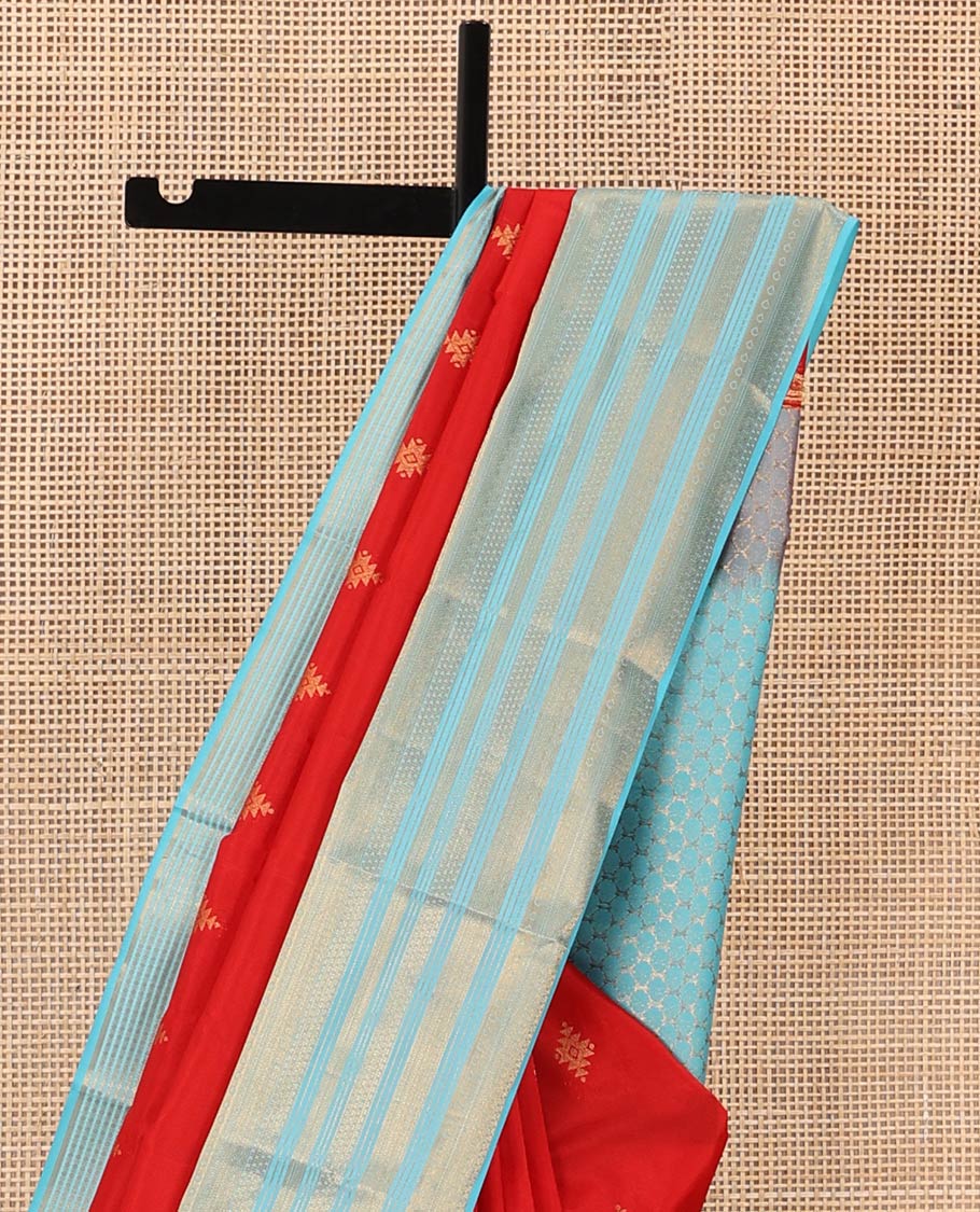 Red zari buttas Vasundhara silk mix saree, contrast border of traditional zari designs, and zari woven pallu